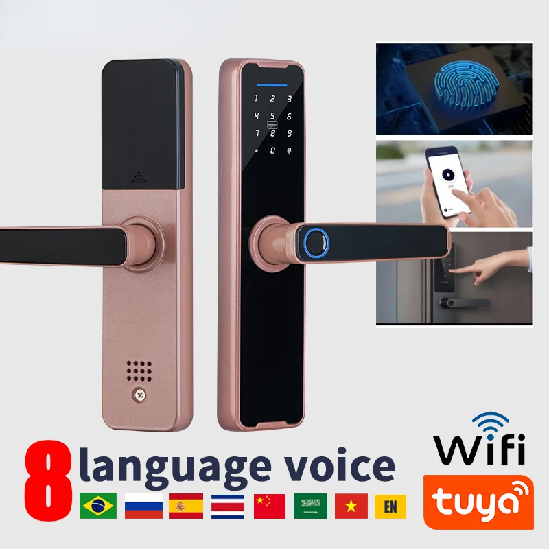 

New Red Copper Electronic Smart Door Lock Tuya WiFi Multiple Unlocking Fingerprint Lock Double 11 big promotion Free shipping