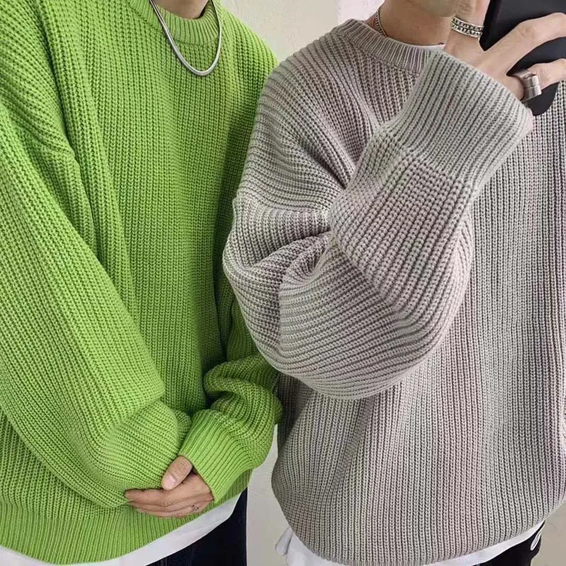 Men's Solid Color Sweaters Autumn Winter Korean Fashion O-Neck Loose Pullovers Couples  Warm Knitted Sweater Teens Jumpers