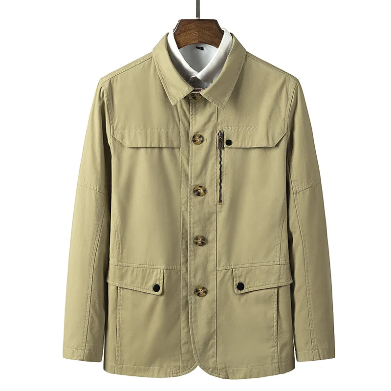 

2022 Spring New Men's Fashion Casual Single-Breasted Polo Collar Solid Color Trench Coat