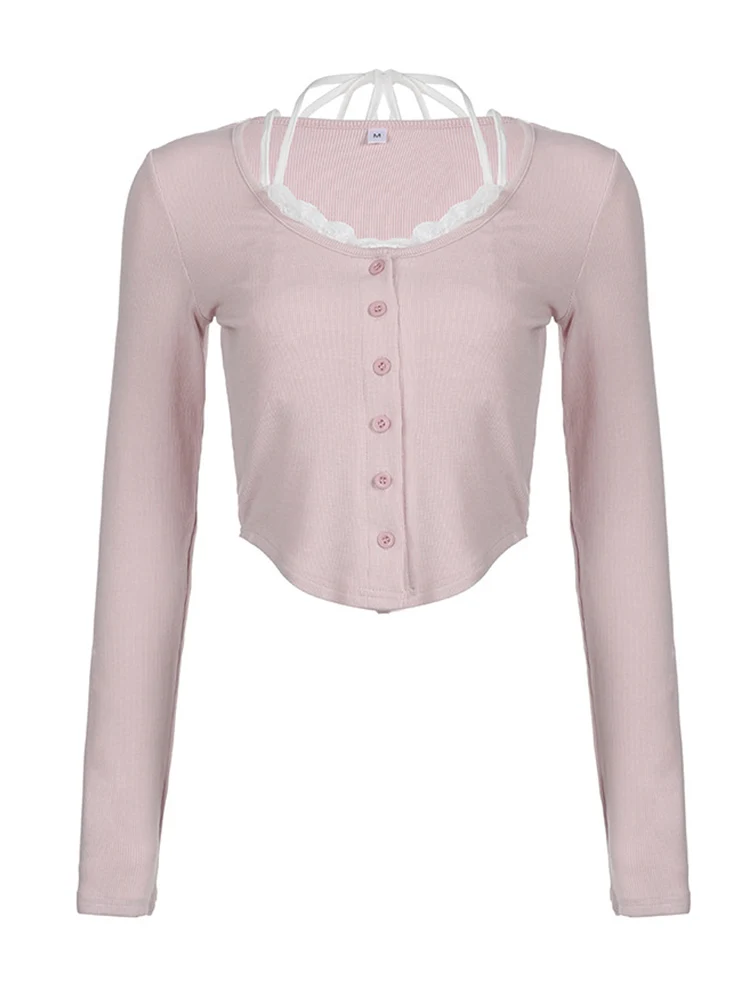 Y2k кружевной лоскутный розовый укороченный топ на пуговицах с длинным рукавом