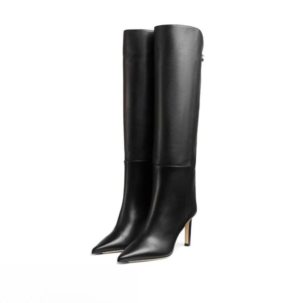 

2023 Spring/Autumn New Women's High Block Heel Pointed Toe Slip On Knee high Boots Catwalk shows Metal Buckle