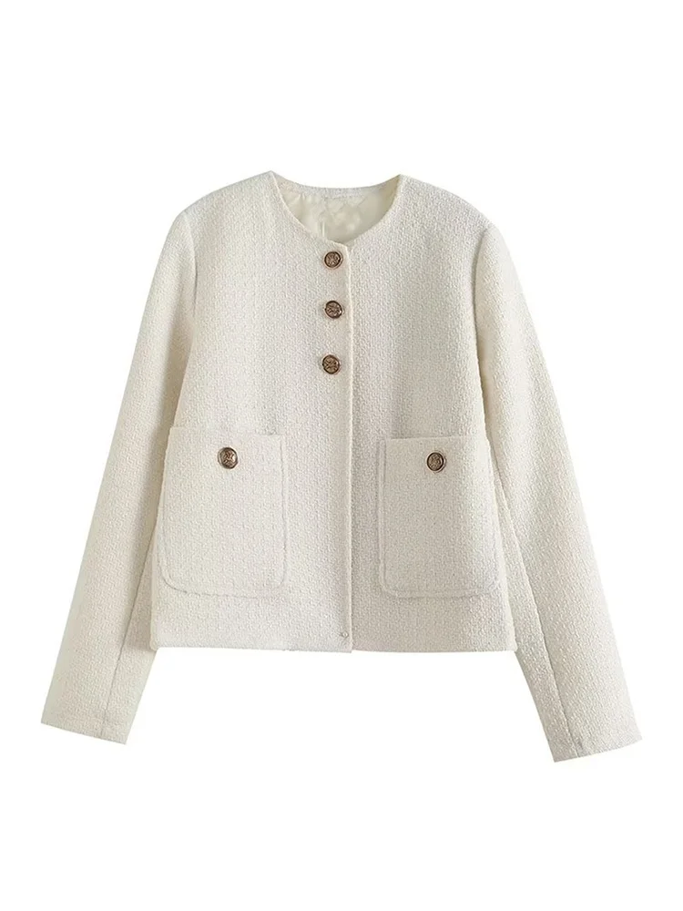 

BM&MD&ZA Women 2022 New Fashion Gold button decorate Casual Coat Vintage O Neck Long Sleeve Female Outerwear Chic Overshirt