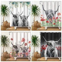 farmhouse highland cow shower curtain funny bull cattle floral leaves decor country style bothroom curtain 180x180cm with hooks