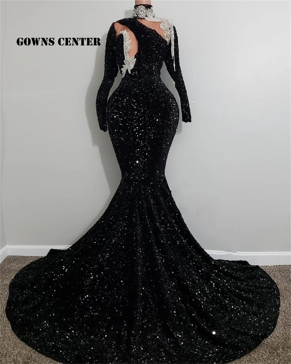 

Black Sequin Evening Dresses Long Sleeve Mermaid Prom Dresses For Black Girls Sparkly High Neck Party Gown Appliques