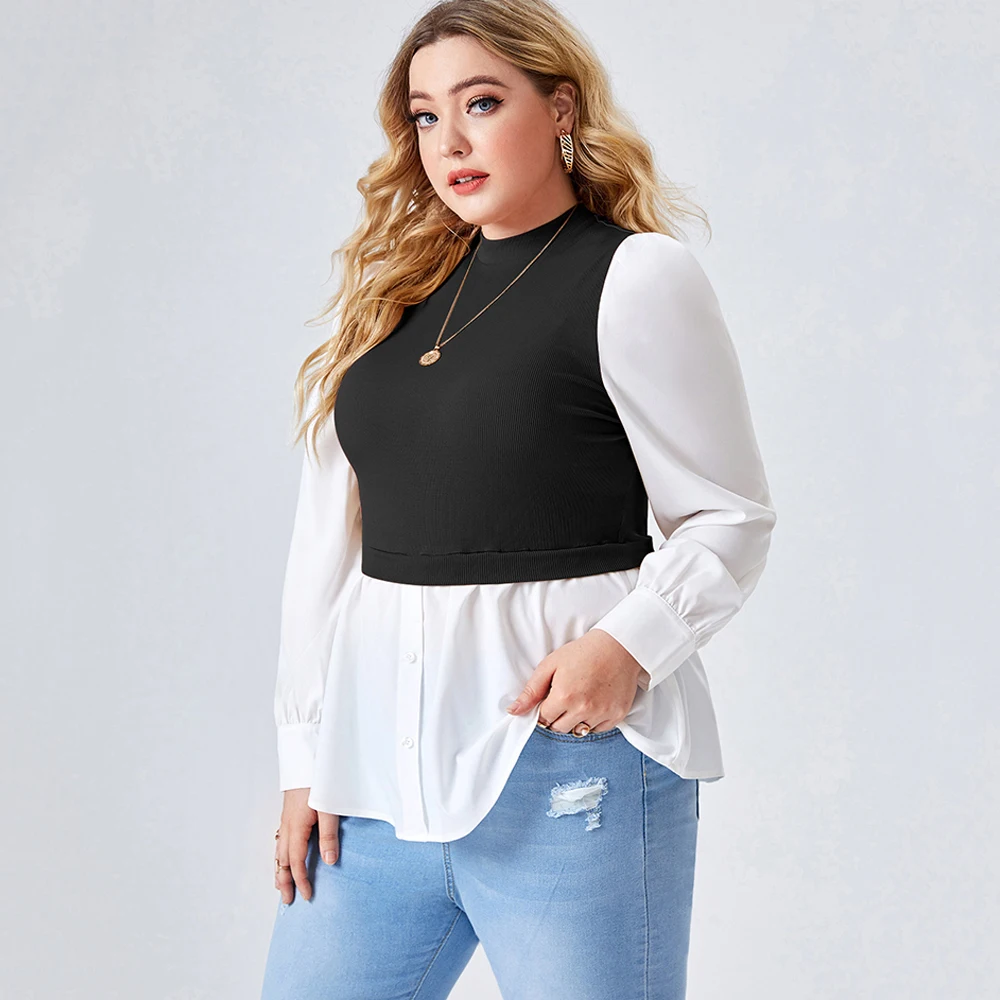 

Plus Size Spring Fall Casual Fake Two Pieces Women Blouses Elegant Half High Collar Long Sleeve Loose Knit Vest Patchwork Shirts