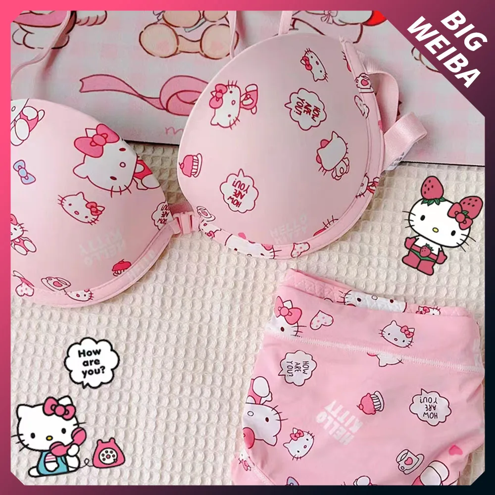 

Summer Kawaii Hello Kitty Women Sandbeach Sexy Underwear Cartoon Anime Lady Y2K Cotton Soft Steel Ring Strapless Sweet Style Bra