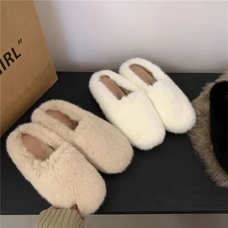

2023 New Leisure Design Women's Winter Fur Slippers Round Head Outdoor Slippers Mule Shoes Women's Warm Plush Home Shoes