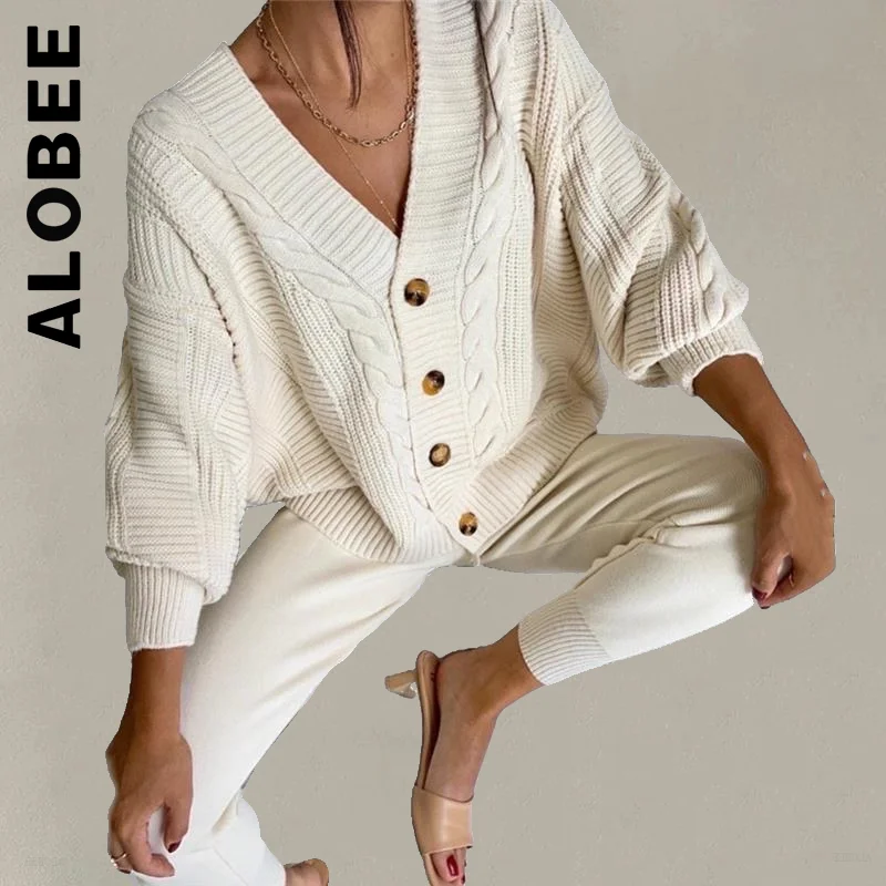 

Alobee Fashion Women Set Knitting Hemp Flower V-neck Single-Breasted cardigan + Pants Sexy 2 Piece Set Female For Women