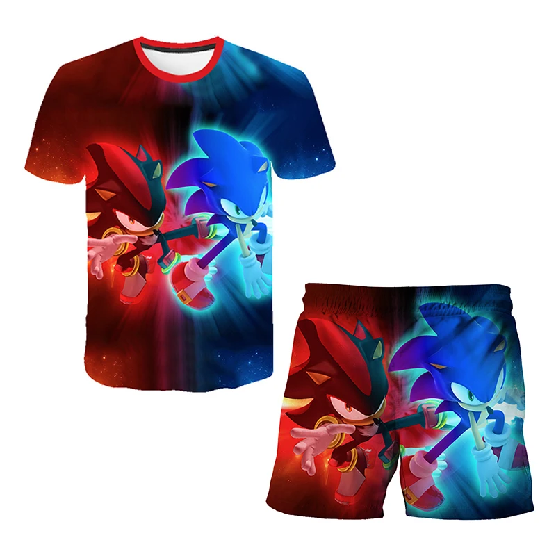 

Summer Fashion Comics Super Sonic T Shirts Children's Short-sleeved + Pants 2 Piece Sets Boy Elastic Waist Shorts Sports Suit