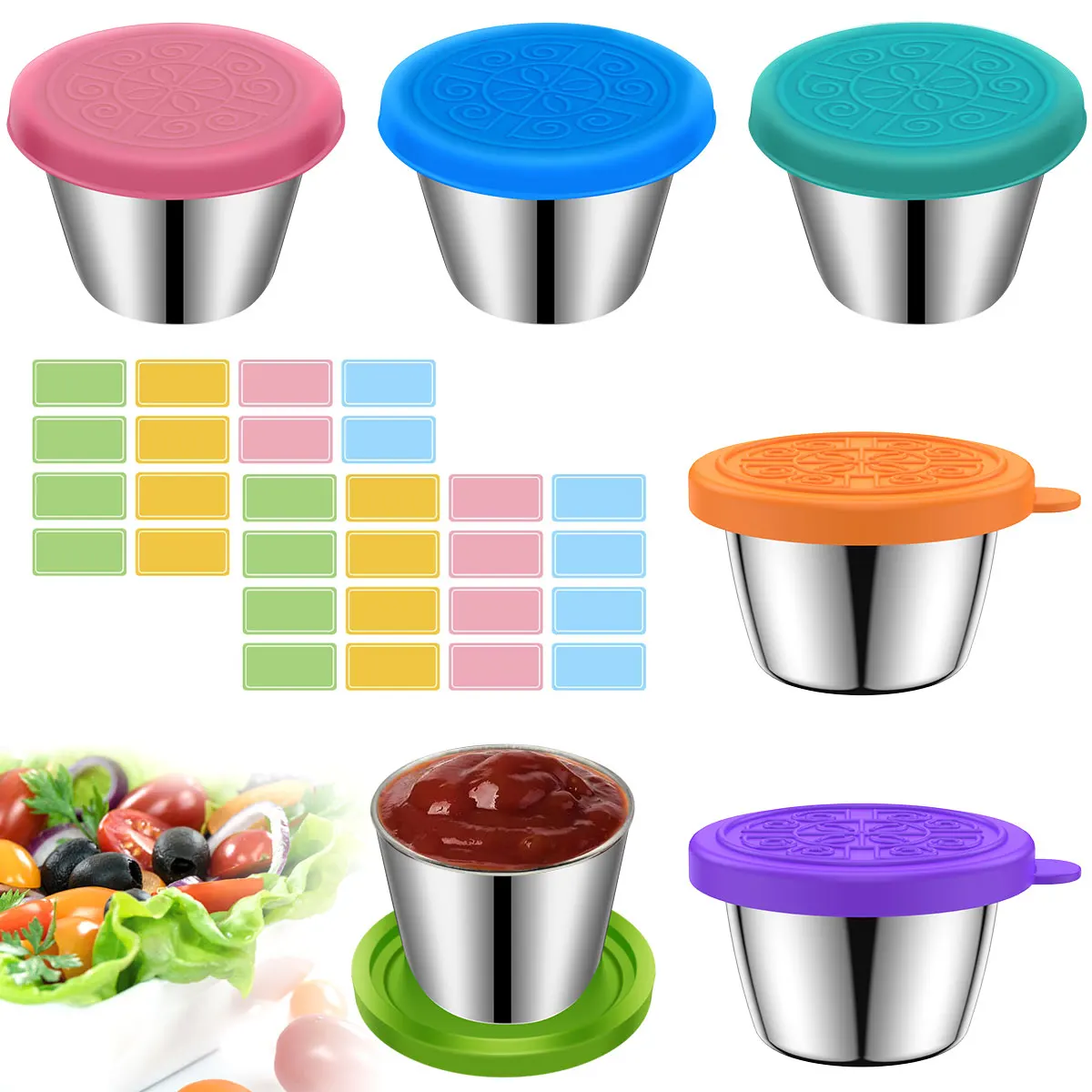 

6Pcs Salad Dressing Container with Silicon Lids Labels 1.6oz Reusable Stainless Steel Condiment Container Leak Proof Portable