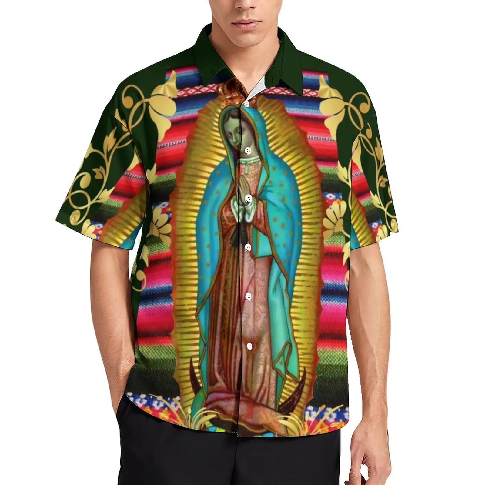 

Virgin Mary Zarape Casual Shirts Our Lady of Guadalupe Vacation Shirt Hawaii Trending Blouses Men Graphic Plus Size 3XL 4XL