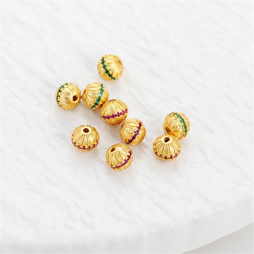 

18K gold-wrapped flat beads inlaid zircon through hole beads 8MM separated beads loose beads DIY bracelet necklace accessories