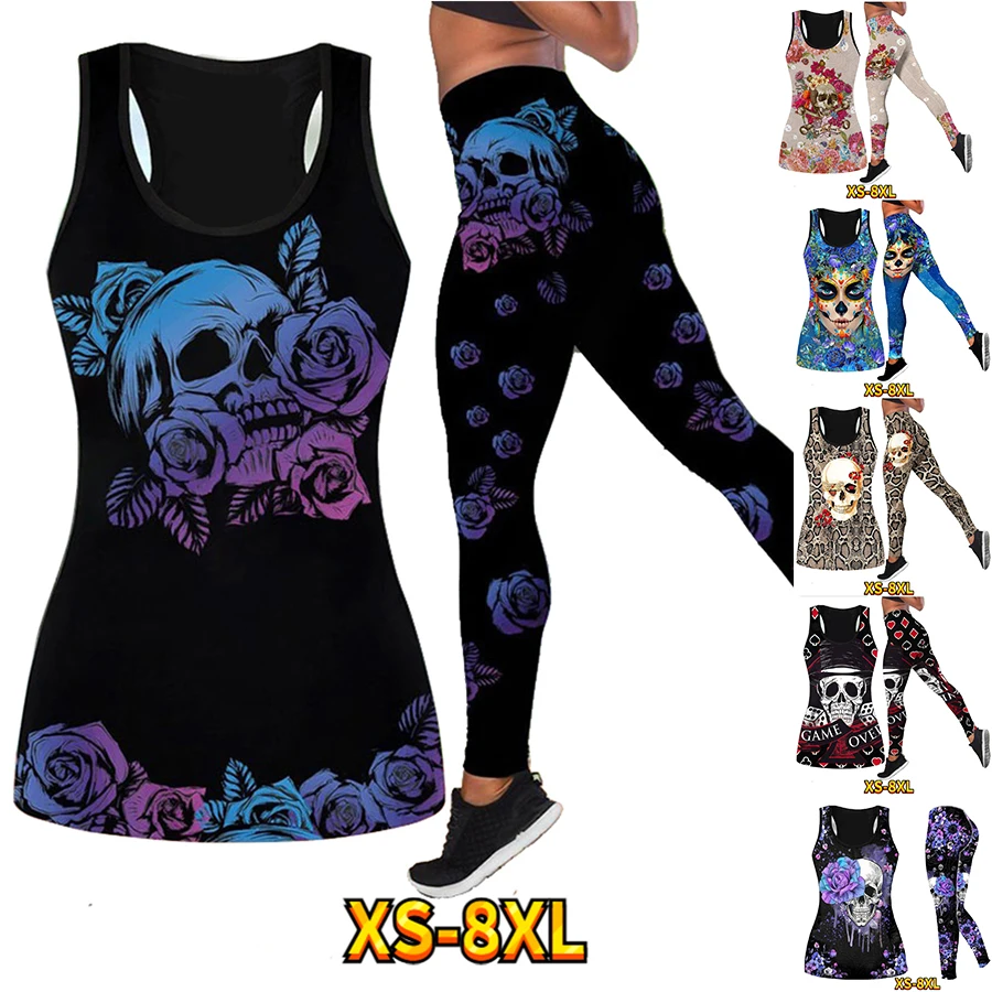 Jogging Yoga Pants Vest Set Women Fall Casual Leggings Set with a Bold Print Skull Pattern XS-8XL