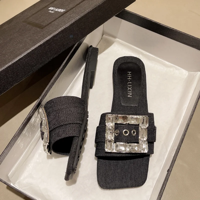 2023 Denim Rhinestone Square Toe Flat Slippers Open Toe Plus Size Handmade Women's Shoes