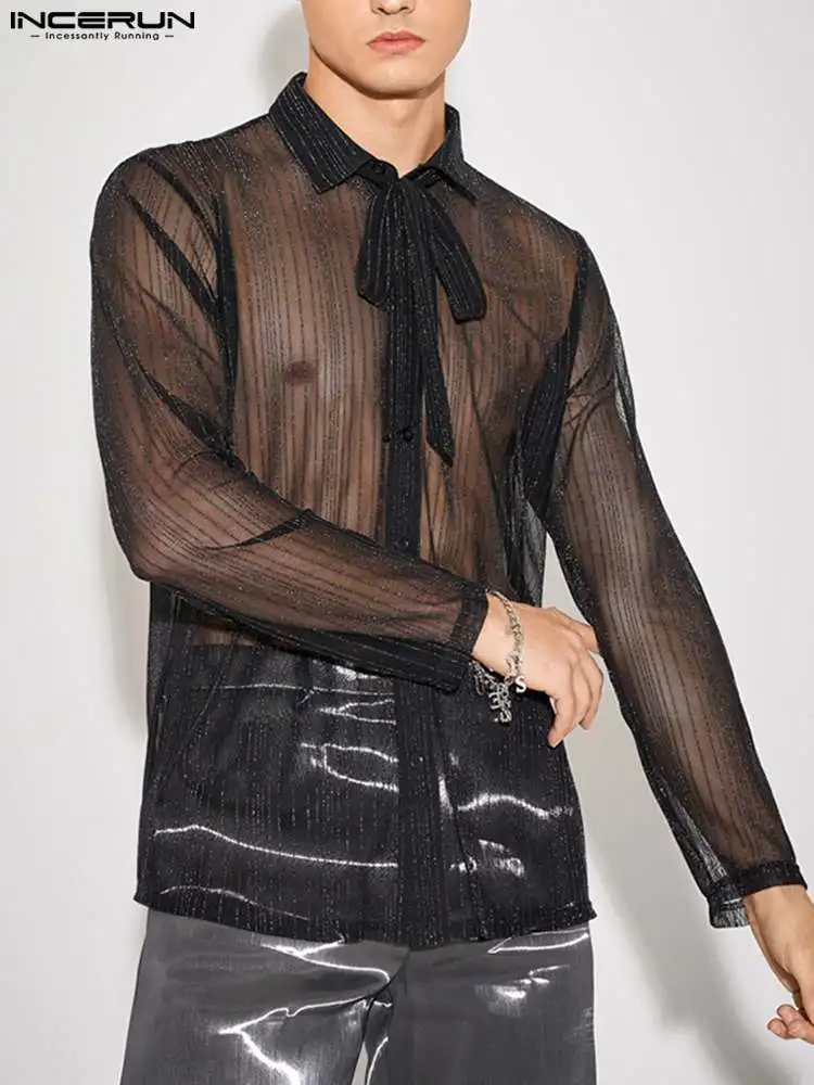 

Мужская прозрачная рубашка в полоску, с длинным рукавом, на шнуровке