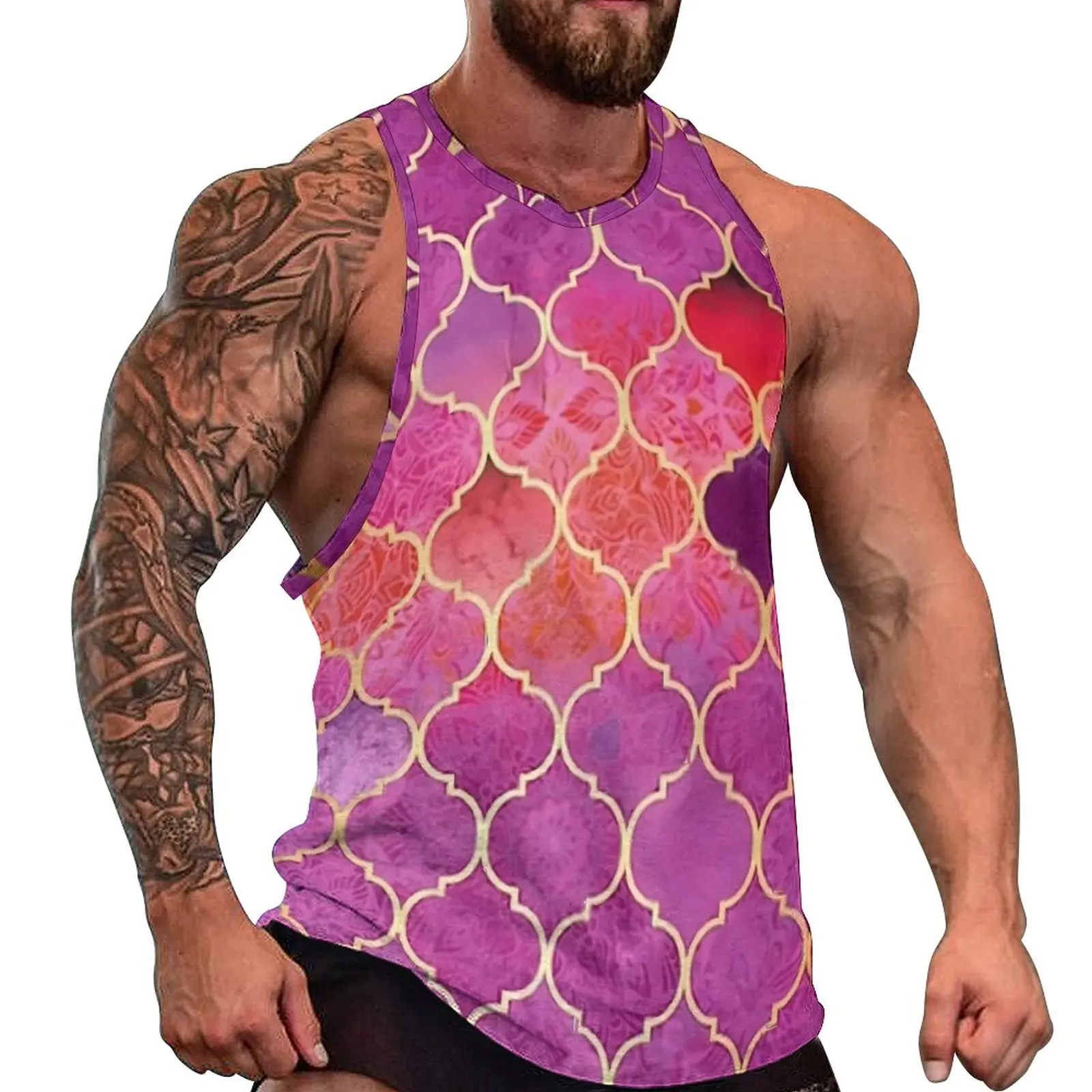 

Pink Ombre Tank Top Man's Mozaik Morroco Vintage Tops Summer Bodybuilding Design Sleeveless Shirts Plus Size 4XL 5XL