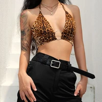 sexy leopard print halter crop top new women camsi bandage metal ring hollow out v neck backless bustier party tank 2021 summer