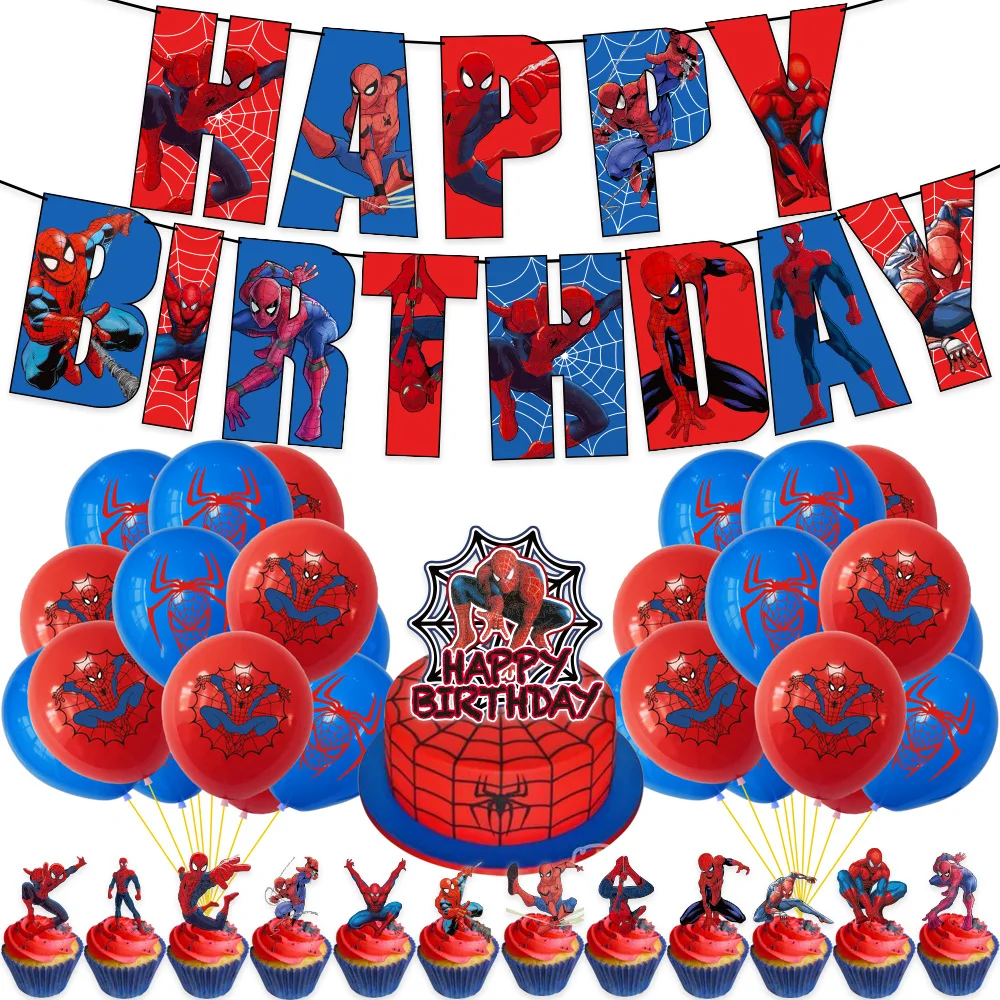 Spiderman Theme Disposable Party Supplies Superhero Birthday Banner Balloon Decoration Products Baby Shower Cake Topper Kid Toys