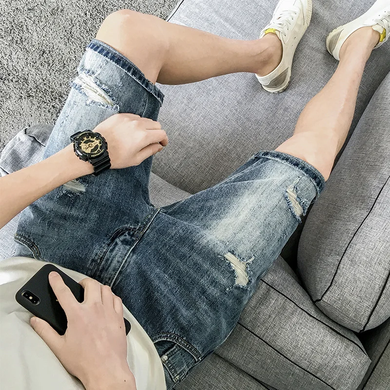 Summer Denim Shorts Streetwear Vintage Jeans Men's Loose Hole Denim Shorts Men's Fashion Button Mid Waist Denim Straight Shorts