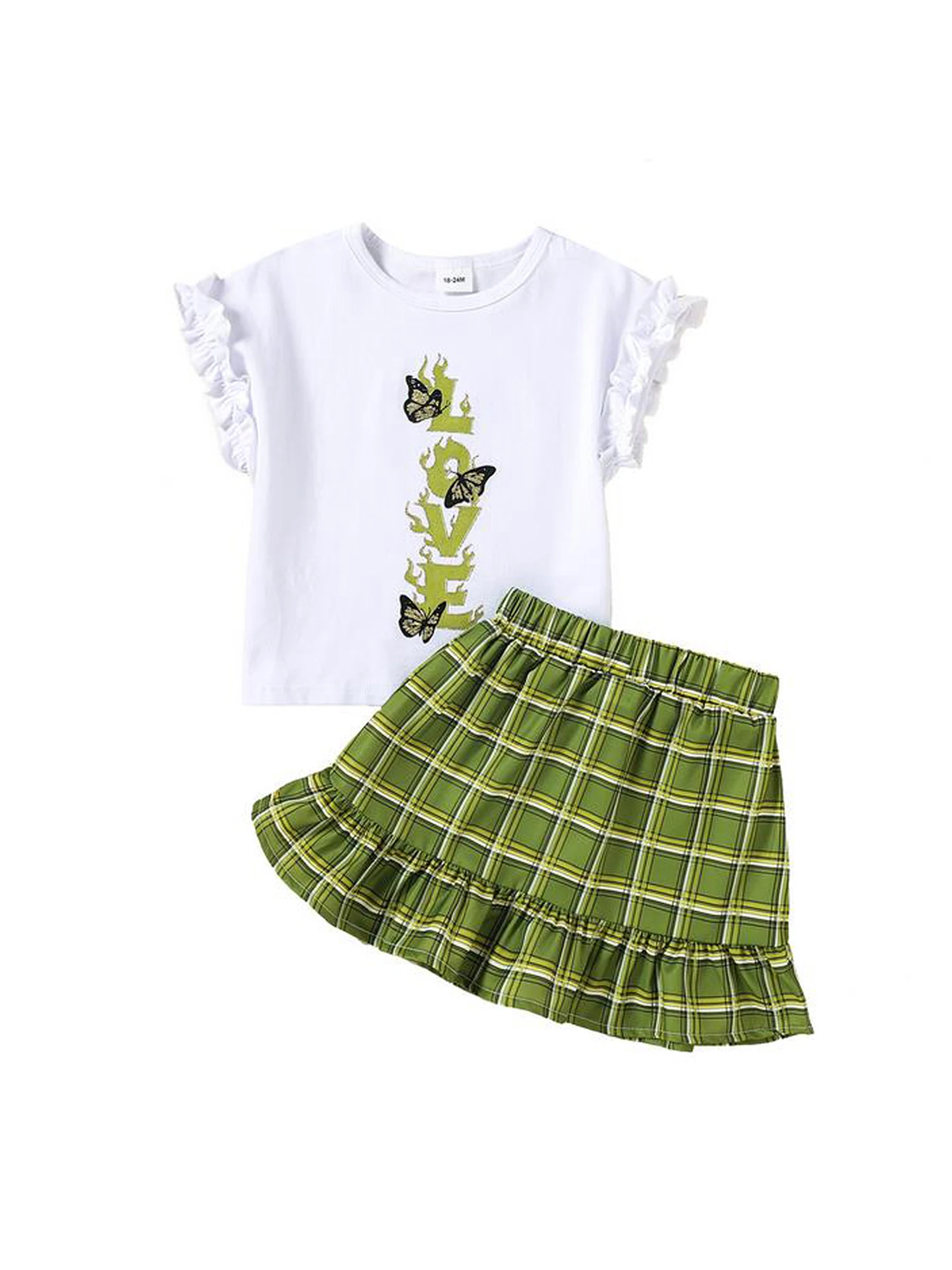

2Pcs Kids Summer Outfit Girls Letters Print O-Neck Ruffled-Sleeve T-Shirt + Plaid Frilly Skirt 18 Months to 6 Years