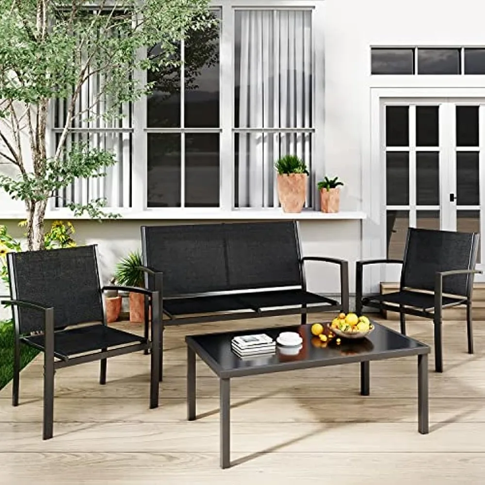 

Greesum 4 Pieces Patio Furniture Set, Outdoor Conversation Sets for Patio, Lawn,Garden, Poolside with A Glass Coffee Table,Black