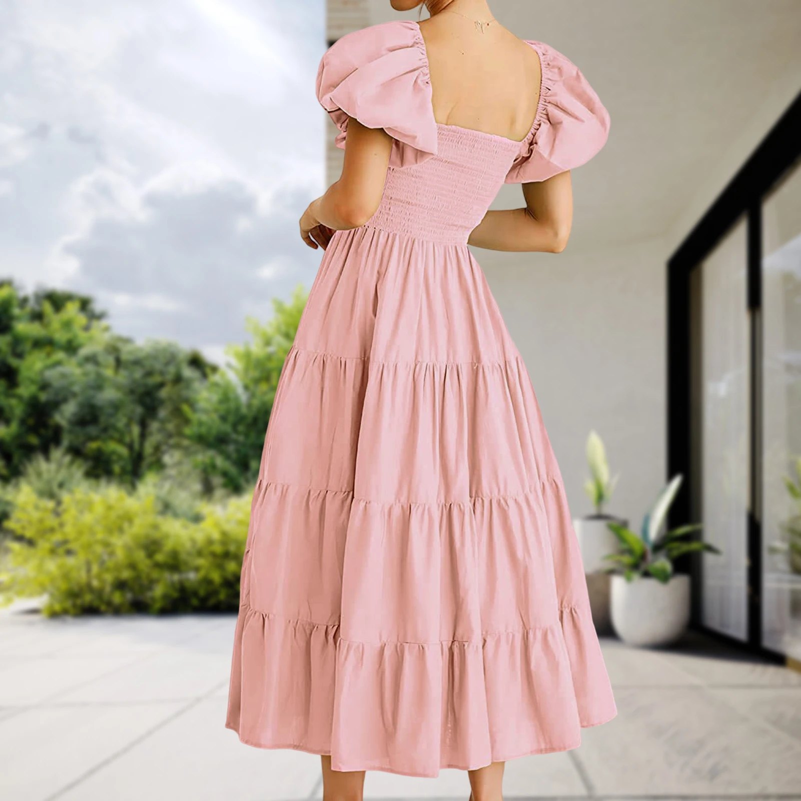 

Women Casual Dress Short Sleeve Square Neck Maxi Dress Puffy Long Bodycon Dress Smocked Tiered Solid Color for Holiday Shopping