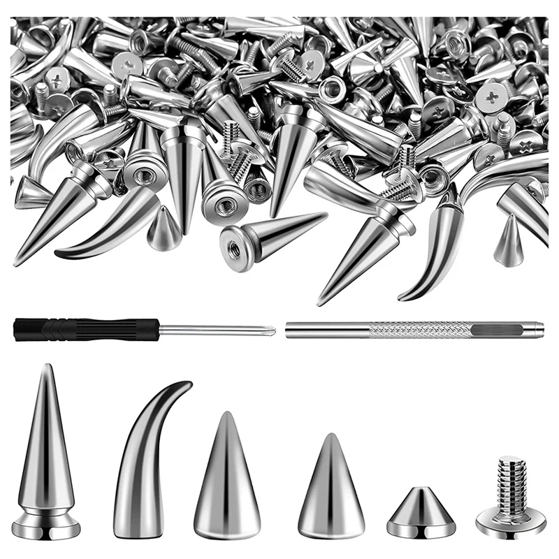 

150 Sets Silver Mixed Shape Spikes And Studs Cone Croc Spikes Leather Rivet Kit For Clothing Shoes Belts DIY