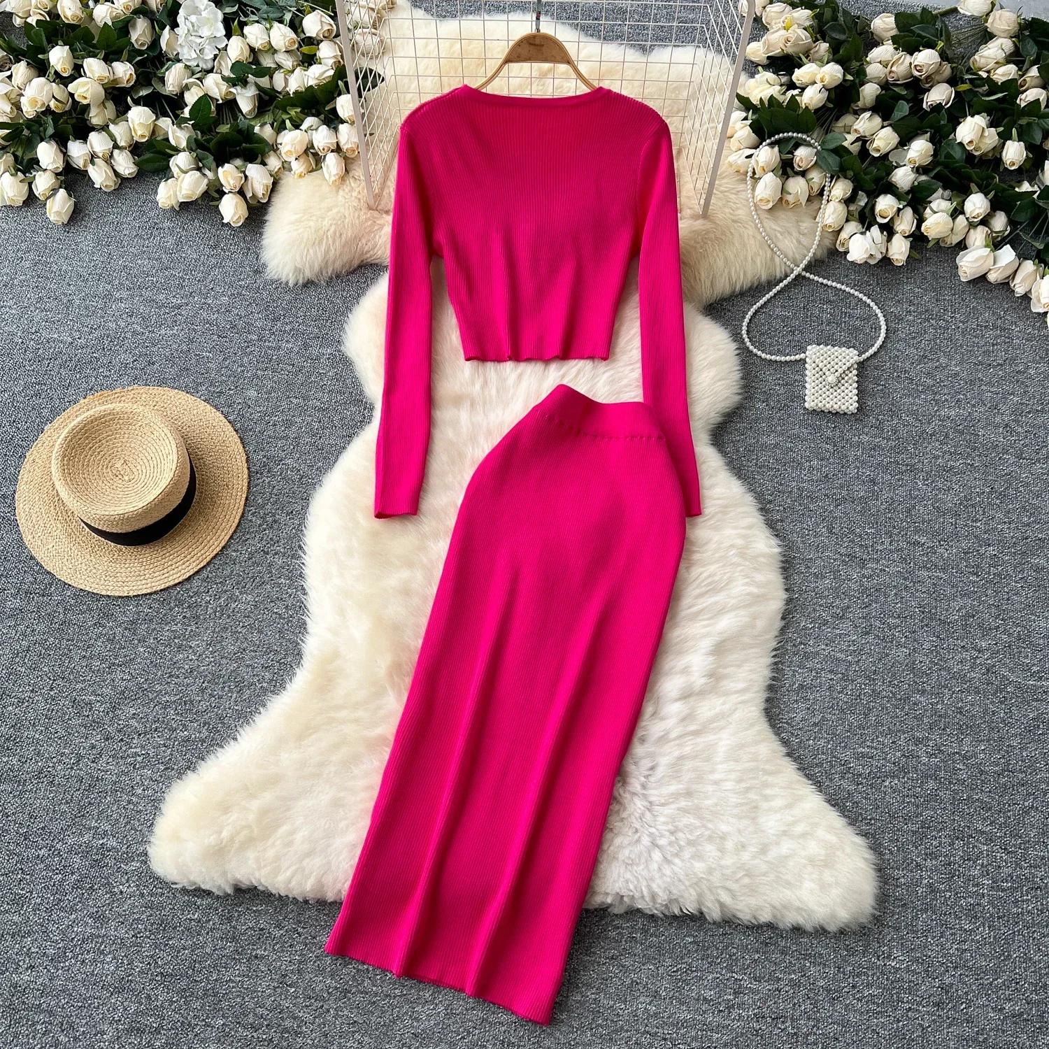 Шикарные вязаные женские комплекты из двух предметов винтажный топ с круглым