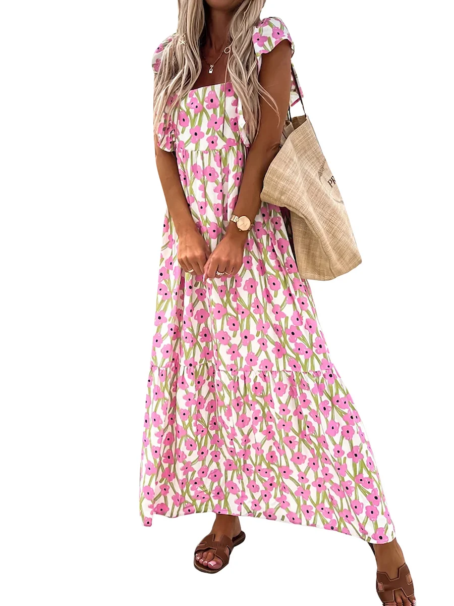 

Женское летнее длинное платье с цветочным принтом, с оборками на рукавах, с низким вырезом, а-силуэт, в стиле бохо, макси, пляжная одежда, плат...