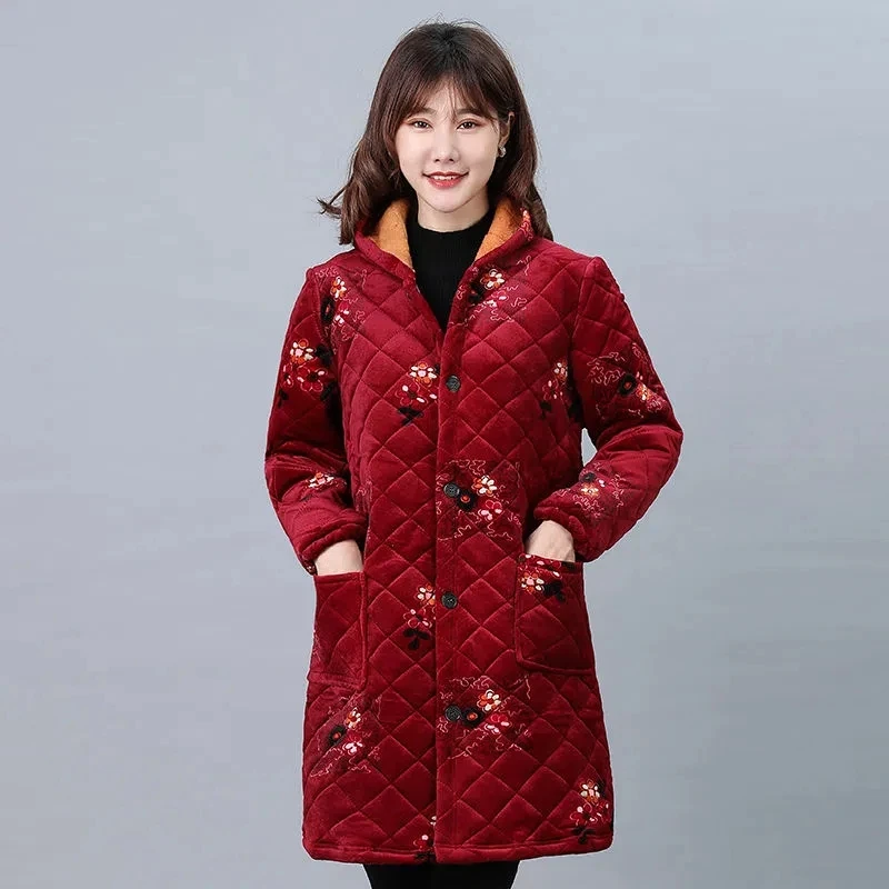 Parkas Women Plus Velvet Thick Middle-aged Elderly Mother Wear Long Padded Coat Female Large Size Hooded Warm Down Cotton Jacket