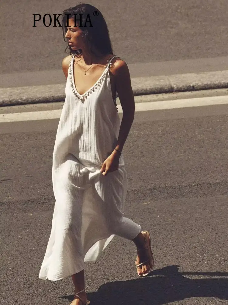 

Pokiha Fashion Women Elegant V Neck Asymmetrical Loose Midi Dress Sexy Backless Thin Straps Chic Female Dresses Vestidos Mujer