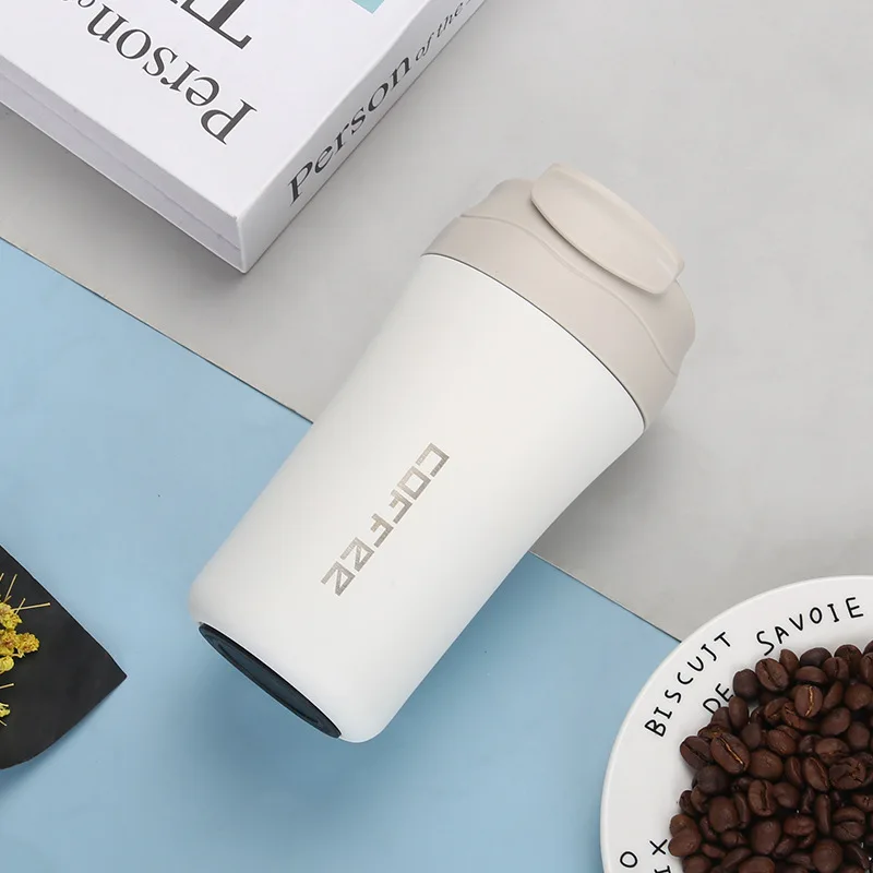 

13oz Stainless Steel Coffee Mug with Lid Dual-use Double-drinking Mug with Straw Flip-top Bounce Car Water Cup xicaras para café