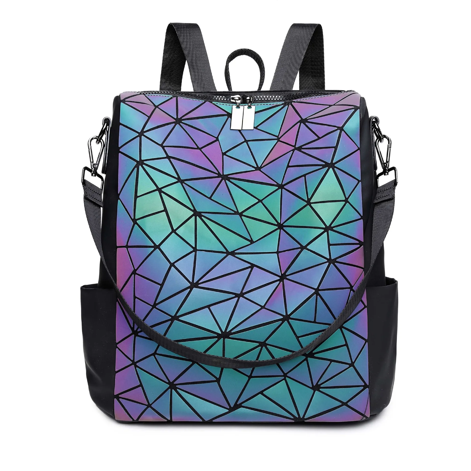 

New Waterproof Zipper Rhombus Women's Fashion Neutral Japanese and Korean Style Geometric Luminous Laser Backpack Cross-Border