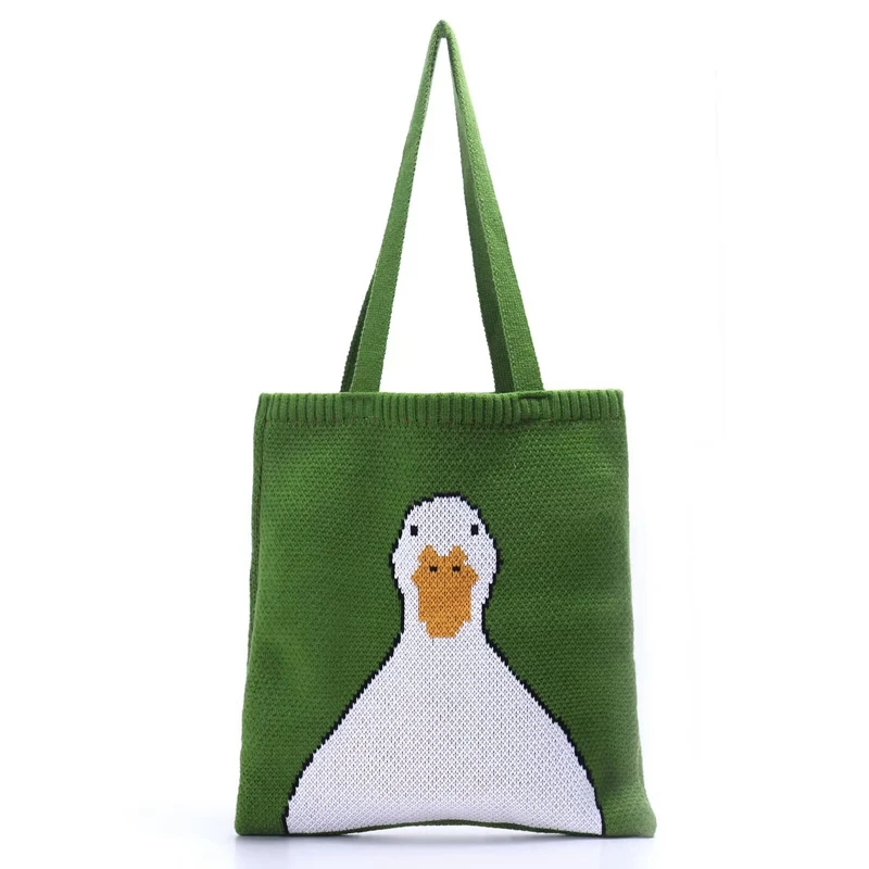 Girls Fashion Cartoon Knitted Bag Casual Cute Open Green Shopping Handbag Teenager Crochet Retro Single Shoulder Bag