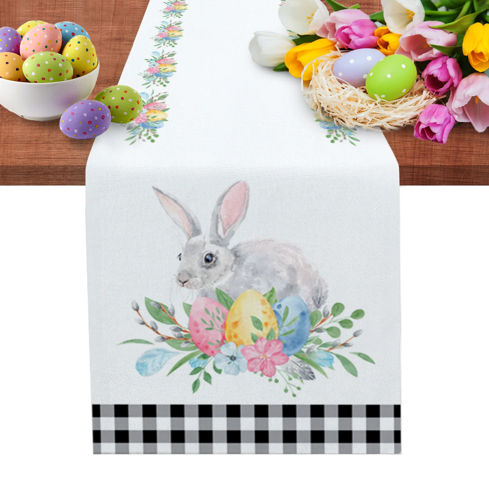 

Easter Spring Easter Egg Watercolor Flowers Bunny Table Runner Set Tablecloth for Table Wedding Decoration Dining Table Runner