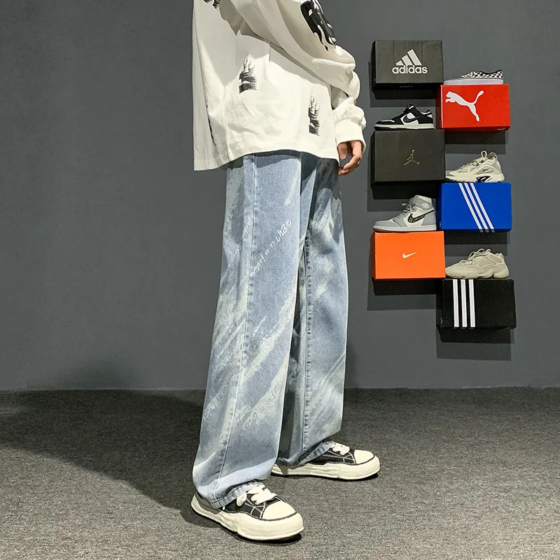 Blue Black Tie Dye Jeans Men Fashion Retro Casual Straight Jeans Men Streetwear Hip Hop Loose Denim Pants Mens Trousers M-3XL