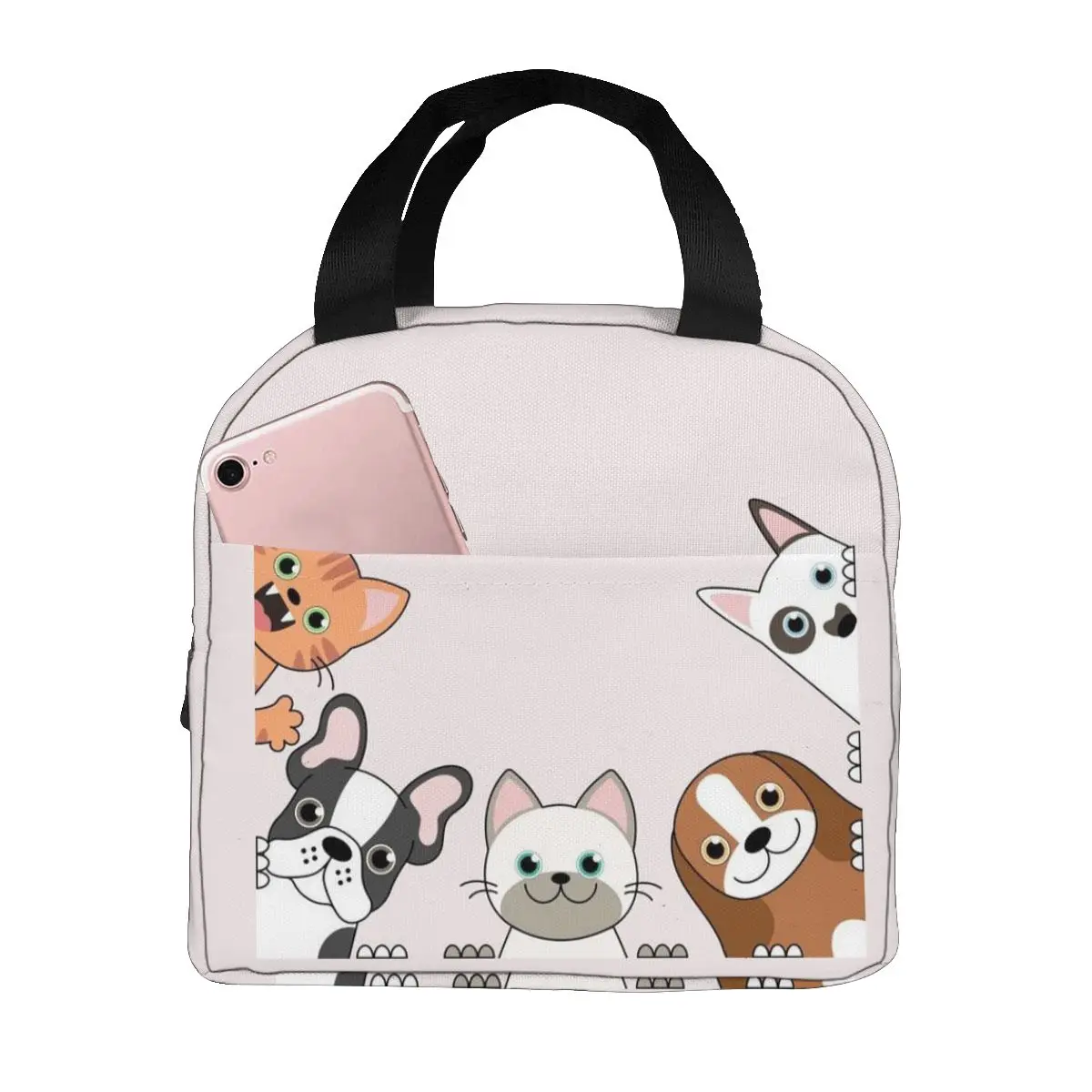 

Funny Cartoon Dogs And Cats Cooler Bag Portable Zipper Thermal Lunch Bag Convenient Lunch Box Tote Food Bag