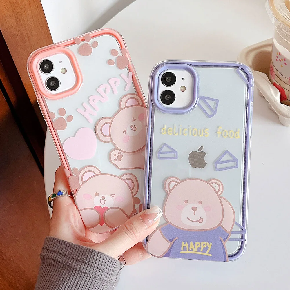 

3 in 1 Candy Color Frame Phone Case For iPhone 11 Case Bear Funda iPhone 12 11 13 Pro Max 7 8 6 6S Plus SE 2 3 XR X XS Max Cover