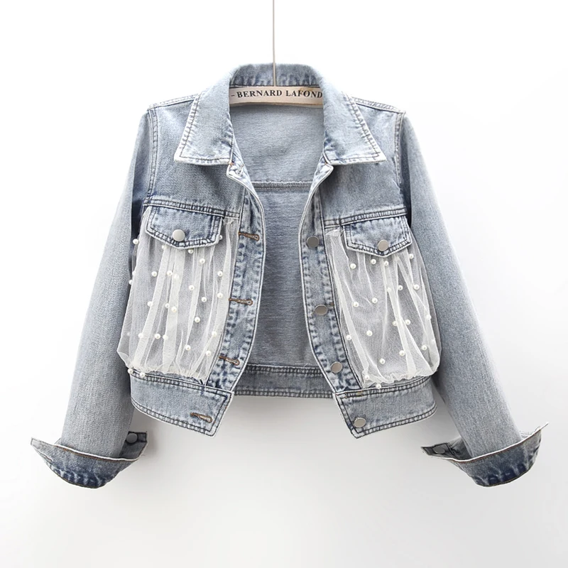 Винтажная светло-голубая сетчатая джинсовая куртка с бисером женская ковбойская