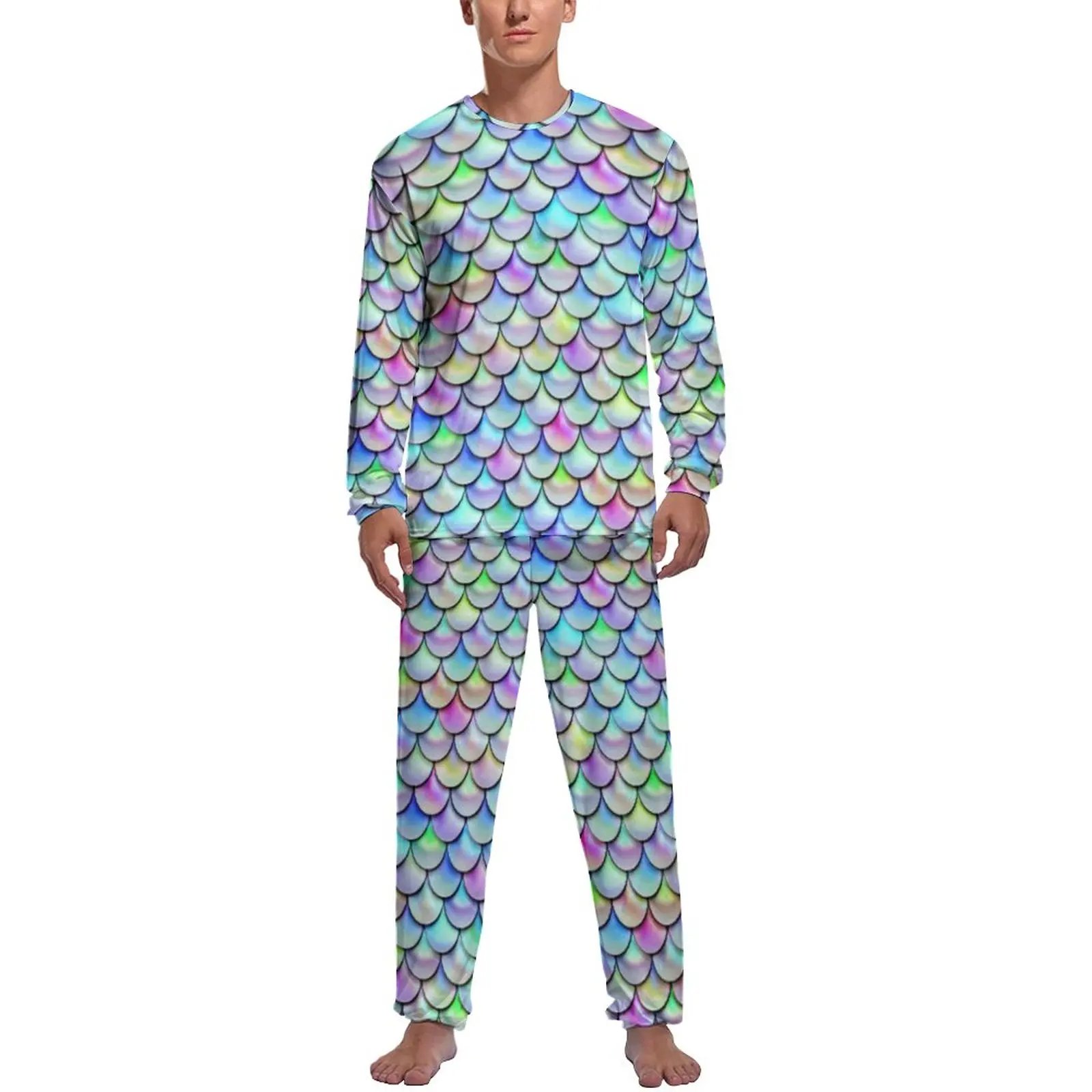 Colorful Mermaid Scales Pajamas Men Rainbow Bubble Print Cool Nightwear Daily Long-Sleeve Two Piece Bedroom Custom Pajama Sets