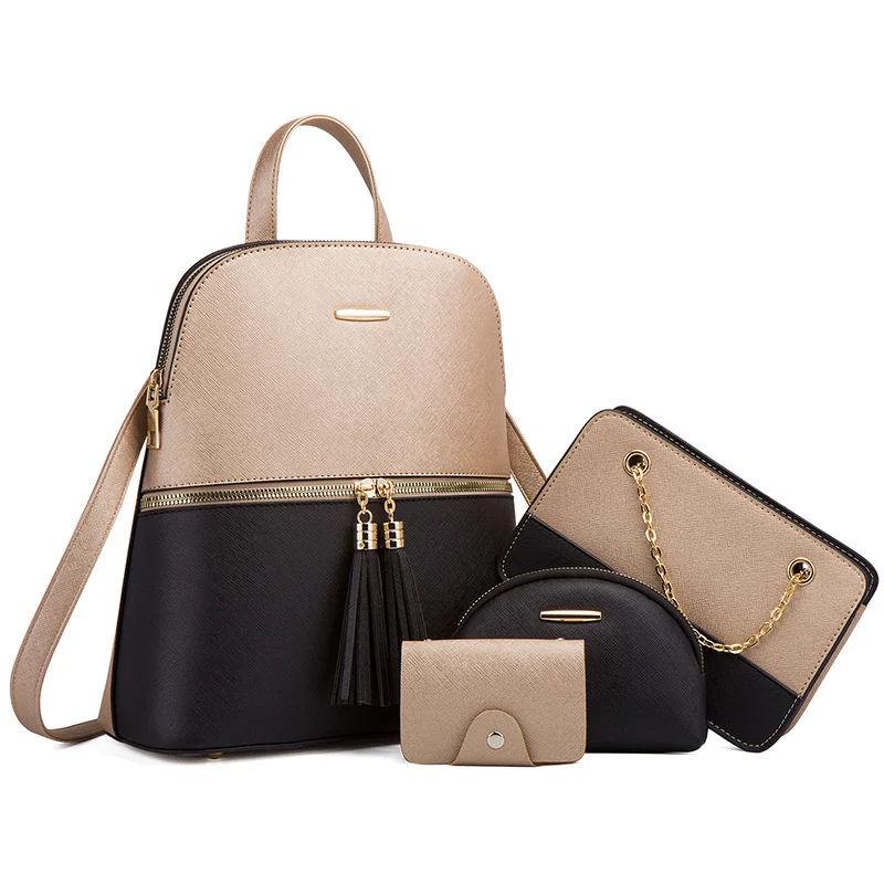 

Women Fashion Bags 2023 3 Pcs Set Zipper Bag Ladies Color Contrast Backpacks Shoulder Bag Credit Card Case Composite Bag