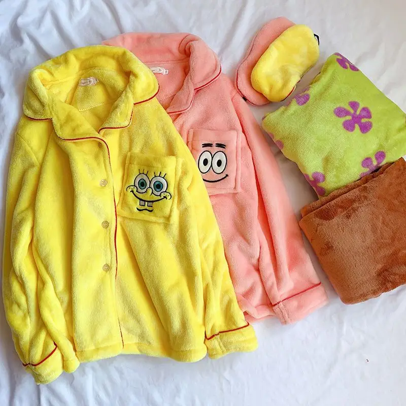 

Winter New Spongebob Squarepants Plush Pajamas Cartoon Cute Couple Style Can Be Worn Externally Keep Warm Thickening Pajamas