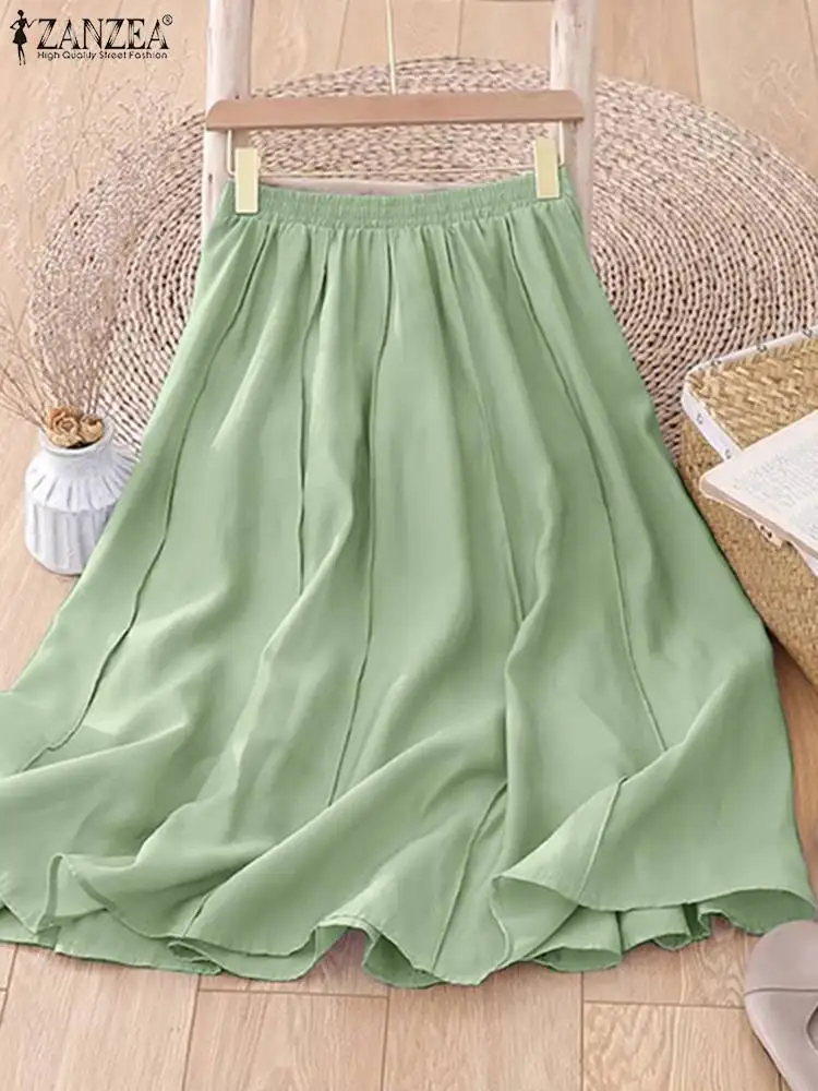 

Women Elastic High Waist Skirt ZANZEA 2023 Summer Solid Color Jupes Korean Fashion Holiday Long Faldas Casual Loose A-line Skirt