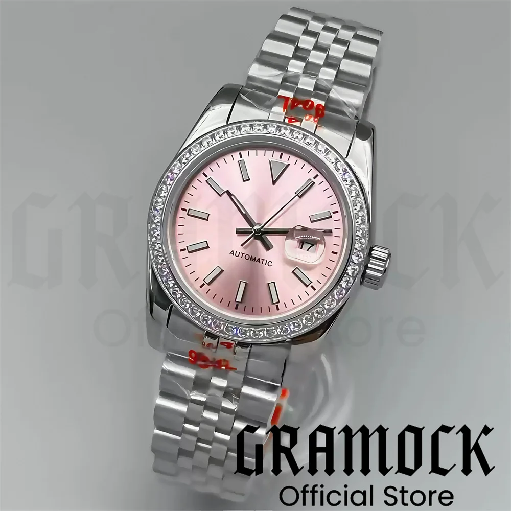 Фото Роскошные женские часы Gramock 31 мм с декором и бриллиантами NH05, двухцветный золотой корпус, сапфировое стекло, солнечные лучи, фиолетовый, серый циферблат, римский индекс №1