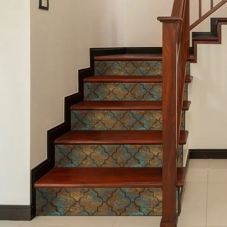 

Industrial Copper Stair Riser Decal, Peel and Stick Faux 3D Metallic Vinyl Strip, Quatrefoil Monaro Tiles, Removable Staircase D