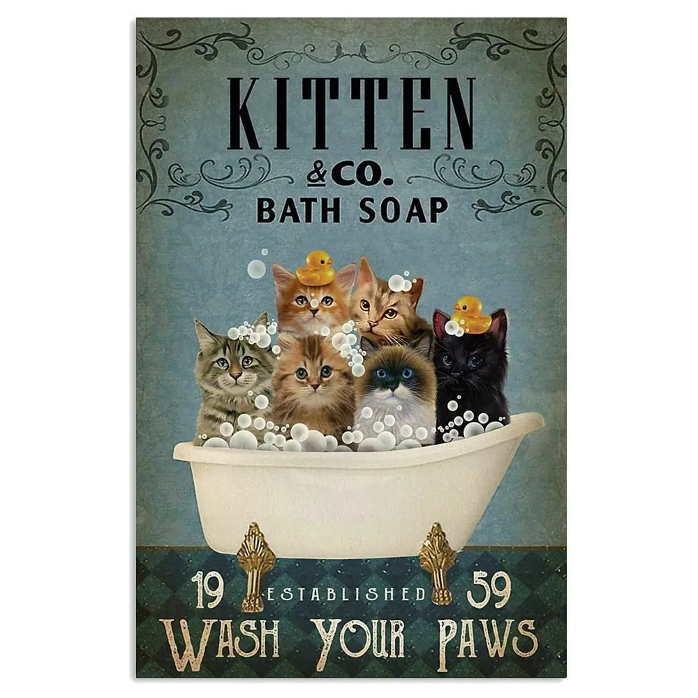 

Metal Tin Sign Cats Vintage Metal Tin Signs Bathroom Wash Your Paws Iron Painting Plaque Wall Decor Bar Pub Man Cave Cat Club