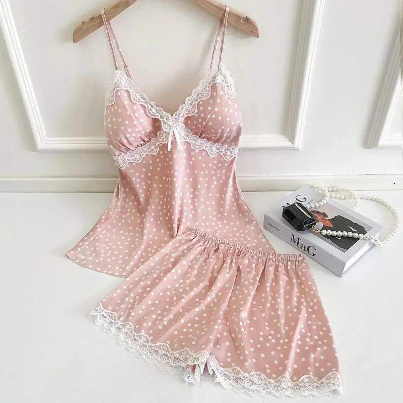 

Sexy Women Pajamas Suit Nightwear Intimate Lingerie Cute Young Girl 2PCS Sleep Set Cami&Shorts Print Dot Sleepwear Home Clothing