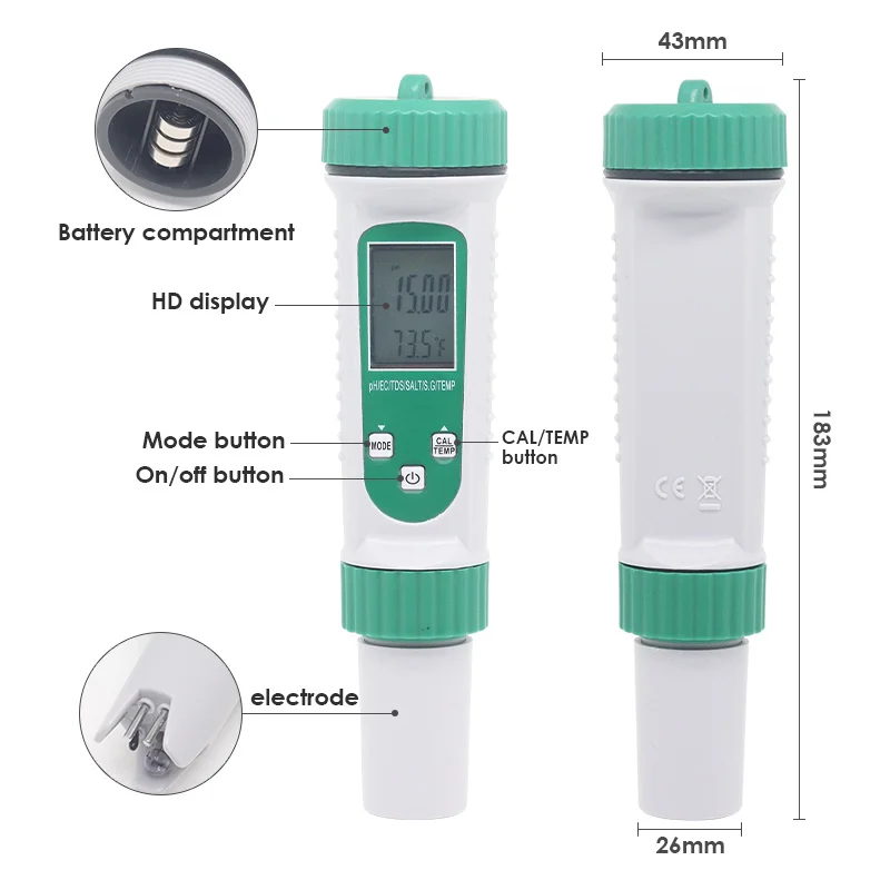 6 In 1 PH Meter EC TDS Salinity S.G Temp High Precision Water Quality Testing Acidity for Drinking Laboratory Aquarium |