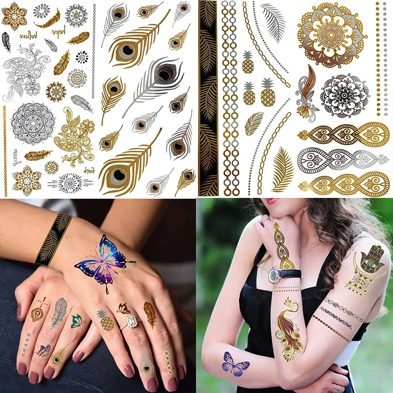 

Gold Temporary Tattoos For Women Adults Metallic Peacock Feather Mandala Flower Glitter Tattoos Decals Fake Jewels Girls