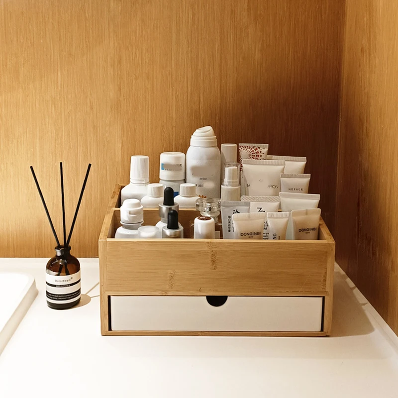 

Bamboo Separate Cosmetic Drawer Storage Box Desktop Makeup Organizer Dressing Table Jewelry Skin Care Rack